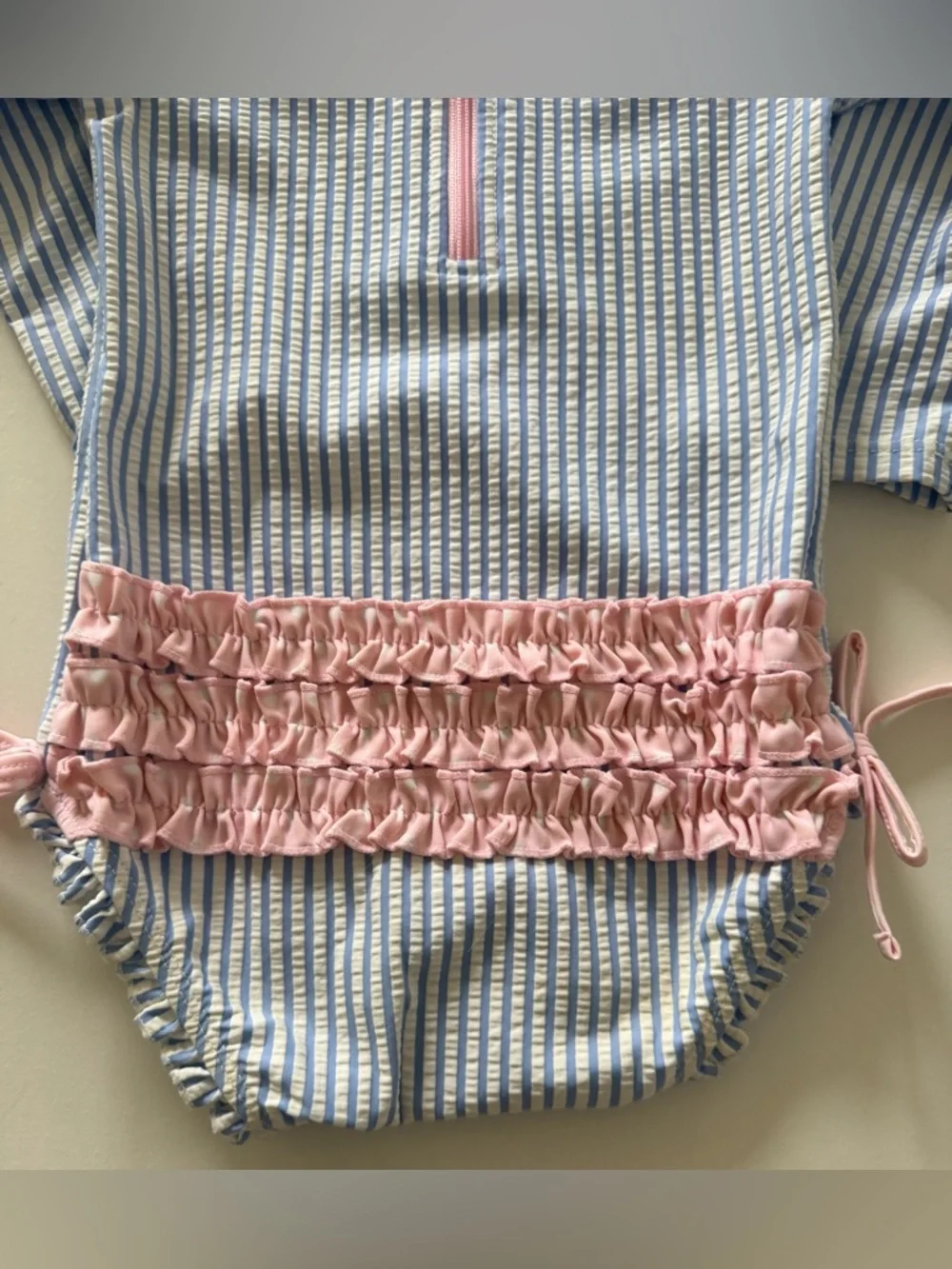 RuffleButts Baby Toddler Girl Blue Seersucker Long Sleeve One-Piece Swimsuit